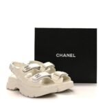 Chanel Quilted Lambskin Crystal CC Platform Dad Sandals (White) - Image 9